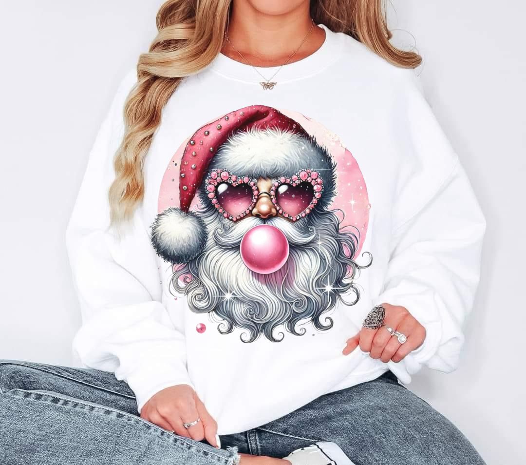 Pink Santa Blowing Bubblegum Sweatshirt | Women’s Holiday Christmas Pullover
