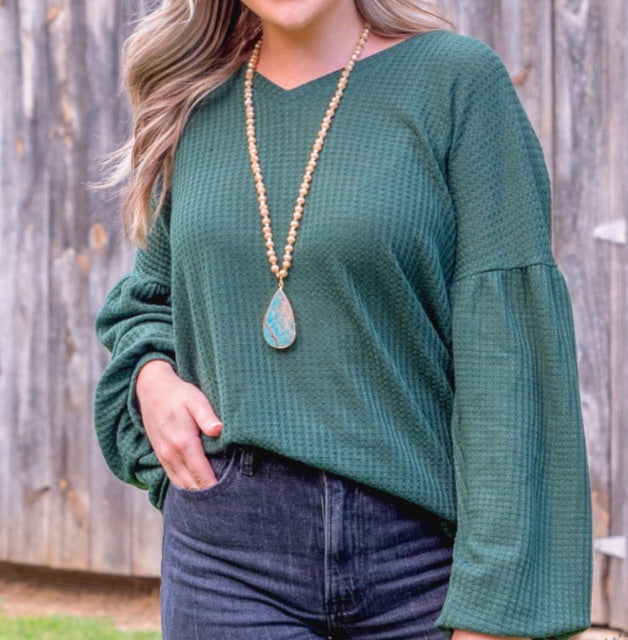 Waffle Long Sleeve Knit Top - Forest Green | Fall Fashion | Winter Top