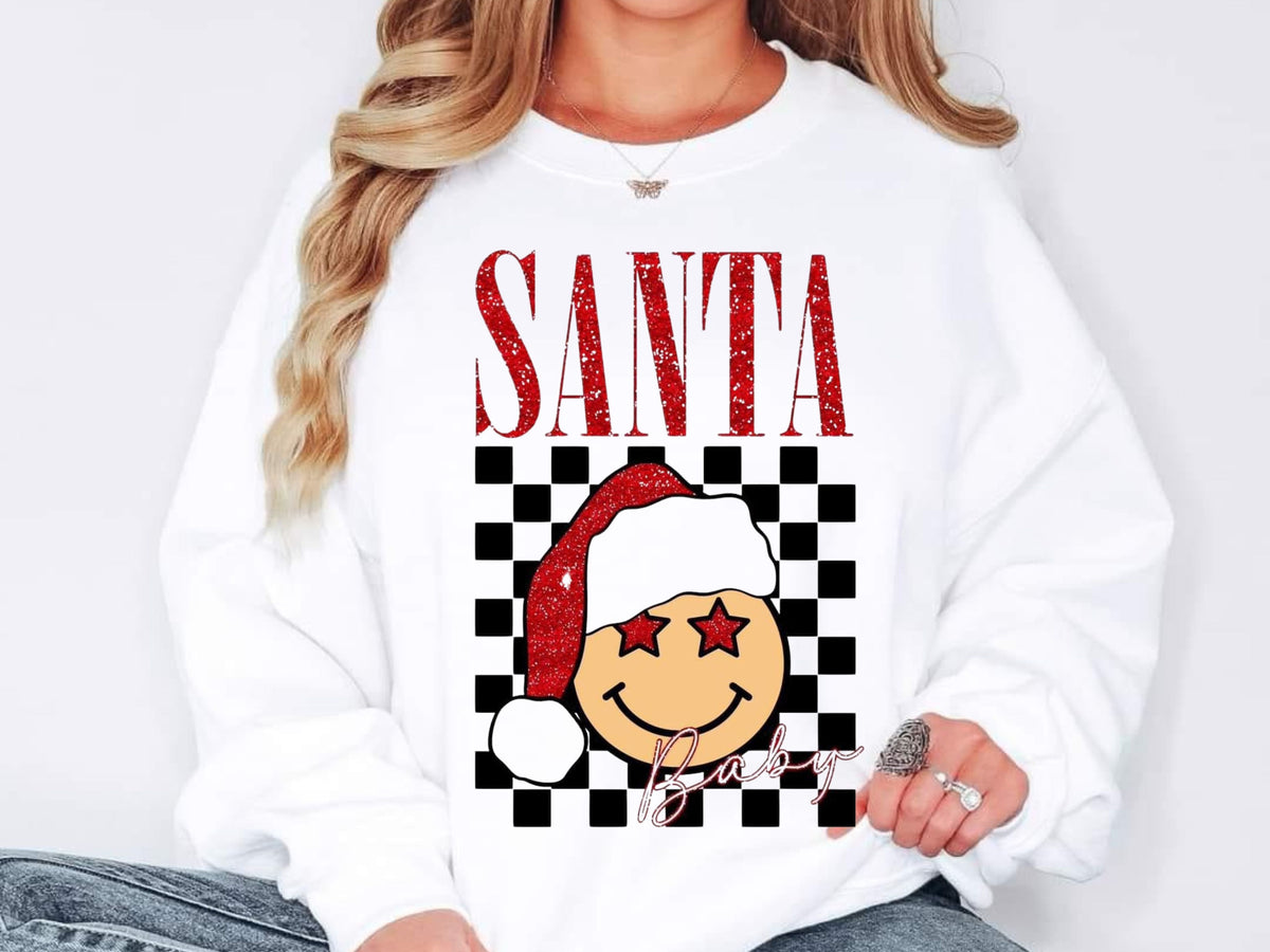 Santa Baby Checkered Sweatshirt | Women’s Holiday Christmas Pullover