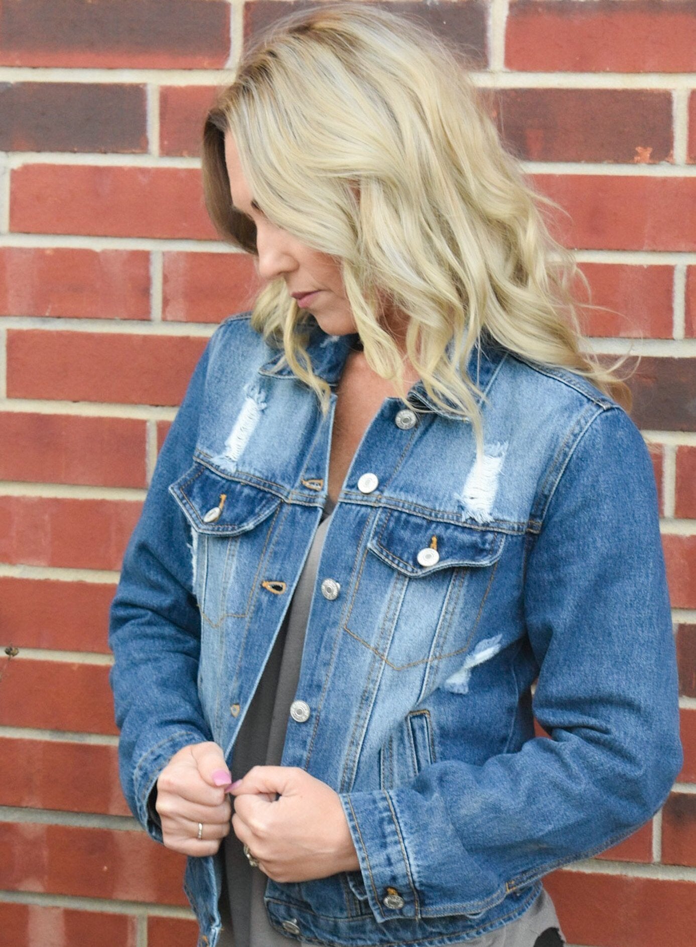 Lightly Distressed Denim Jean Jacket Fall Fashion Winter
