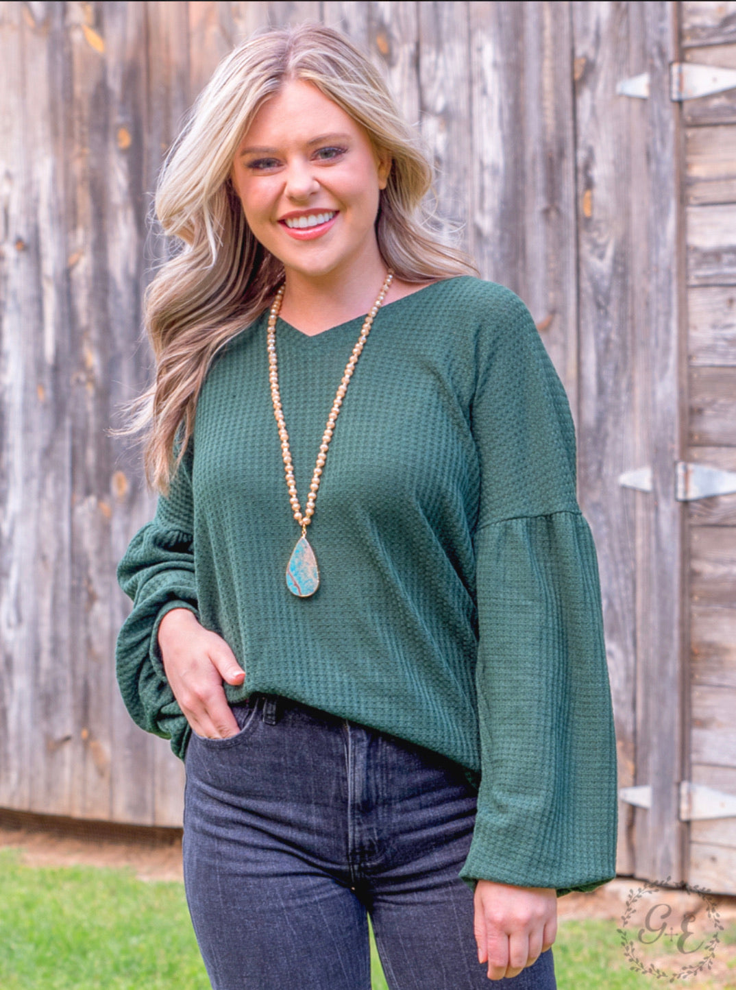 Waffle Long Sleeve Knit Top - Forest Green | Fall Fashion | Winter Top