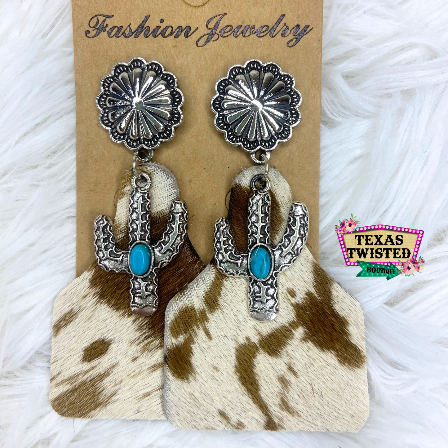 Leather Cowhide Ear Tag Cactus with Turquoise Stone Western Drop Earrings
