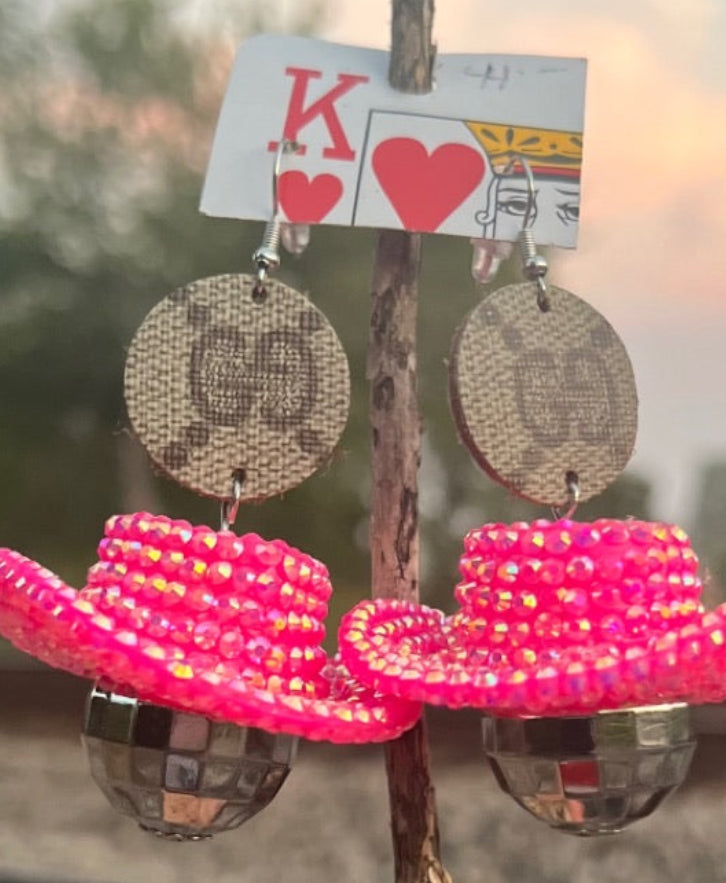 Bougie Cowgirl Hat Disco Ball Dangle Earrings | Hot Pink Western Jewelry