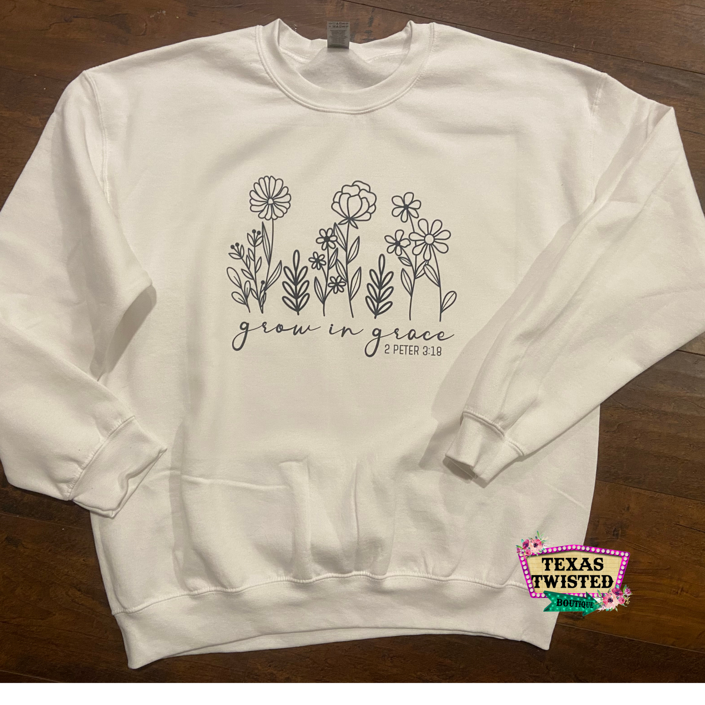 Grow in Grace 2 Peter 3:18 Crewneck Christian Sweatshirt | White | Religious | Spiritual