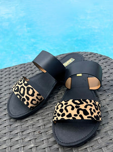 Leopard | Black Slip-on Dual Strap Sandals