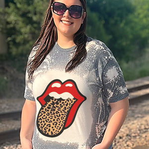 Red Lips with Leopard Tongue Bleached Gray T-Shirt