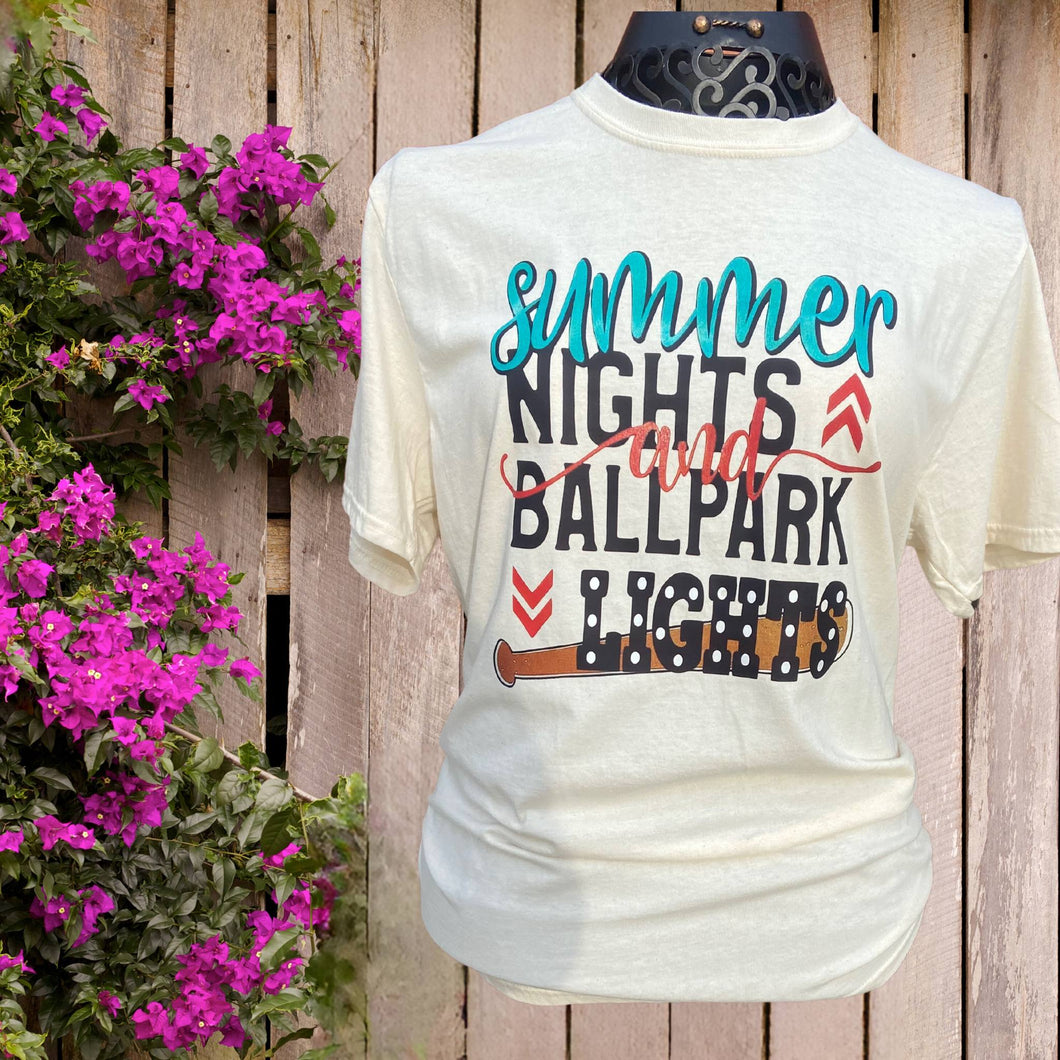 Summer Nights and Ballpark Lights Graphic Baseball Sports Tee