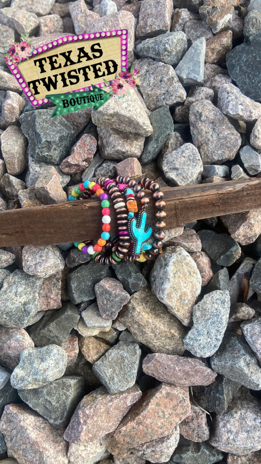 Stretch Bracelet | Turquoise Cactus with Beads | Colorful