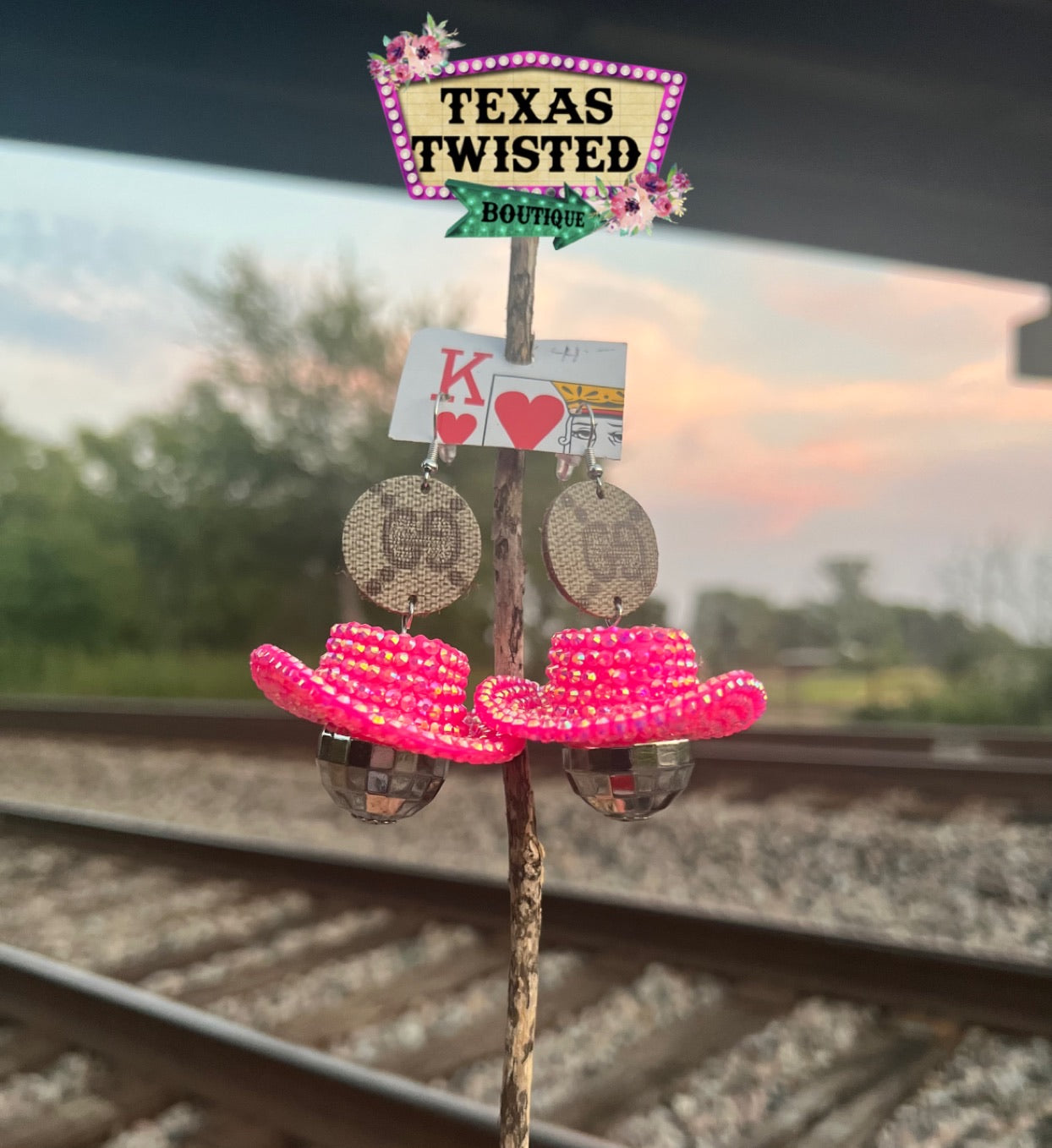 Bougie Cowgirl Hat Disco Ball Dangle Earrings | Hot Pink