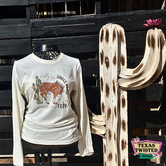 Giddy up Jingle Horse Pick Up Your Feet Graphic Long Sleeve Tee | Cream