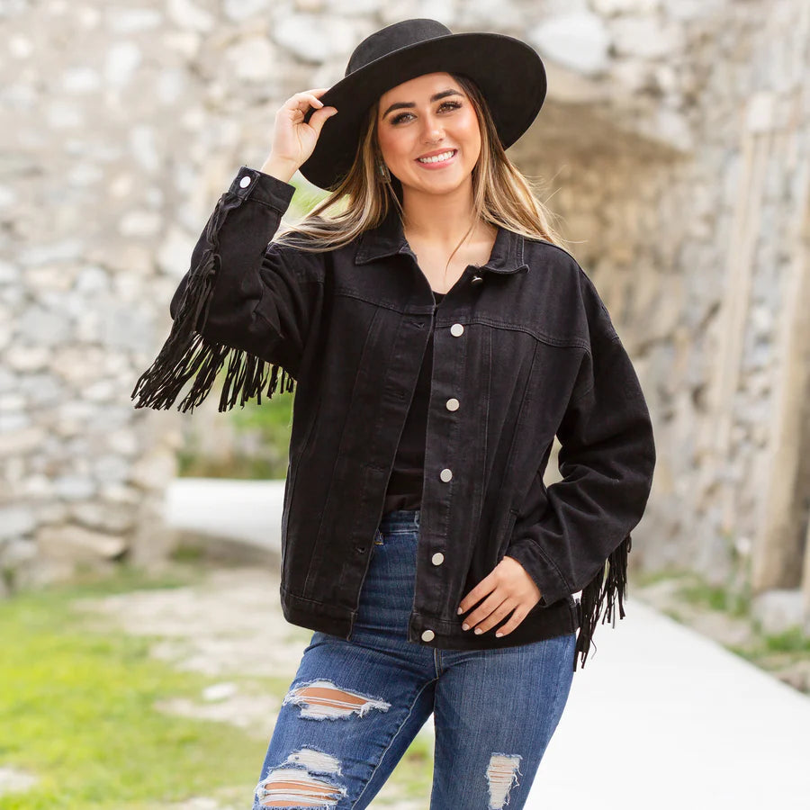 Fringe Jacket with Pockets | Black and White