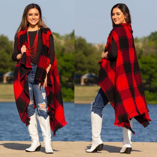 Plaid Sleeveless Long Ruana with Fringe Layers | Red • Black • Navy • Burgundy