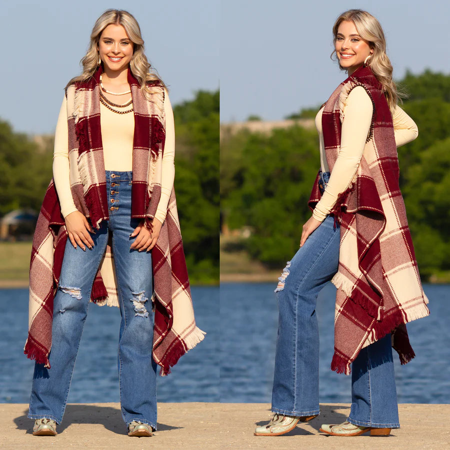 Plaid Sleeveless Long Ruana with Fringe Layers | Red • Black • Navy • Burgundy