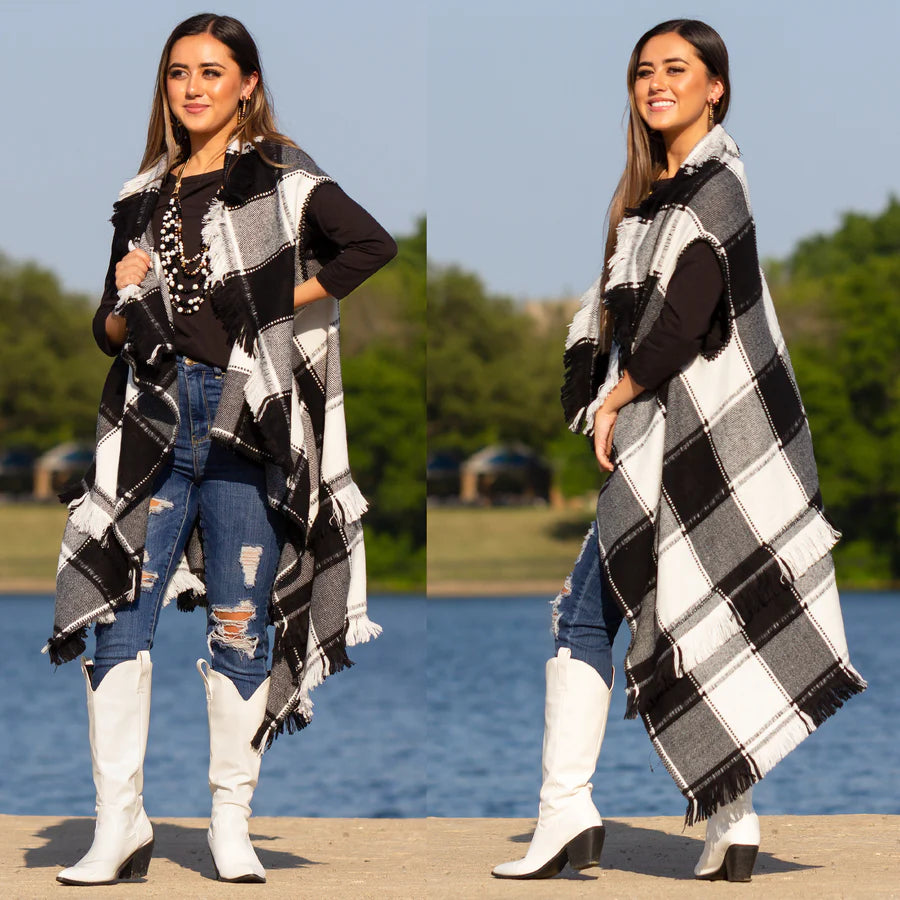 Plaid Sleeveless Long Ruana with Fringe Layers | Red • Black • Navy • Burgundy