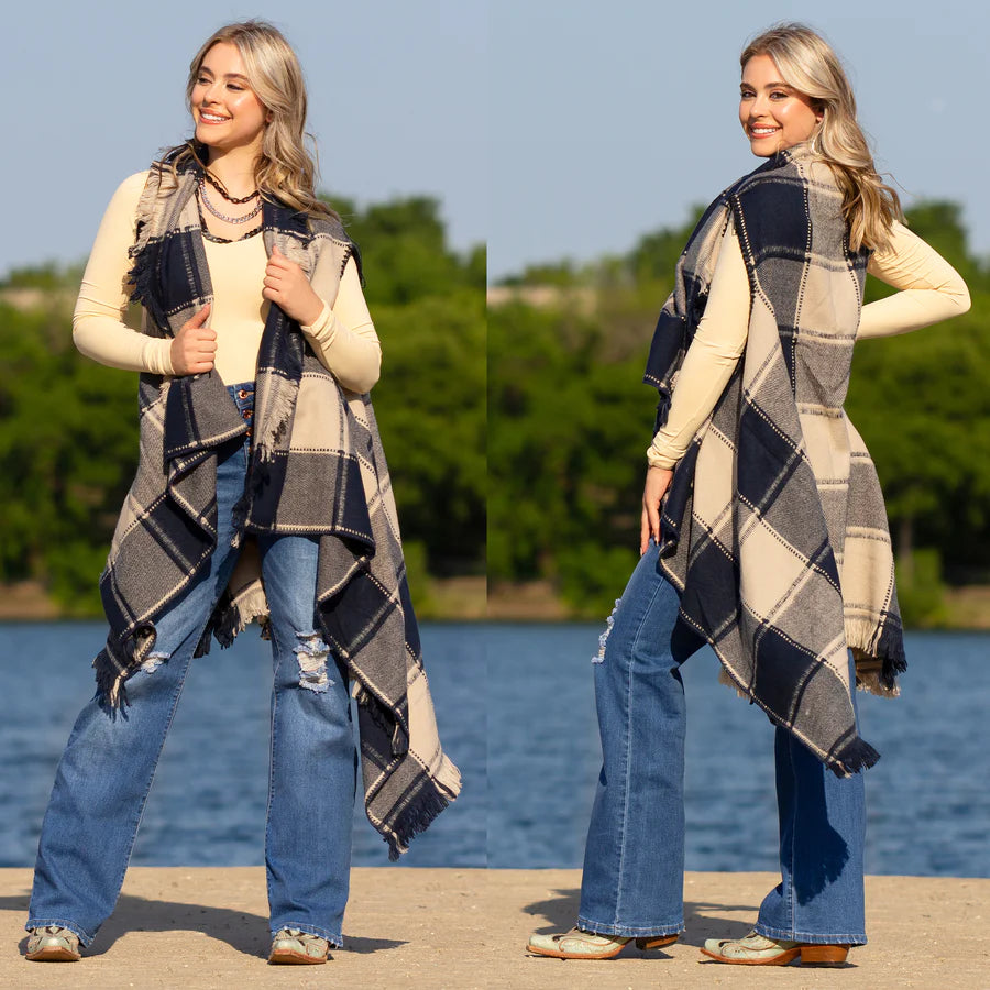 Plaid Sleeveless Long Ruana with Fringe Layers | Red • Black • Navy • Burgundy