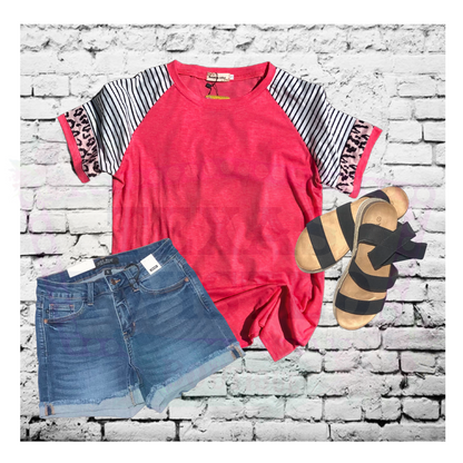 Short Sleeve Coral Top with Stripe and Leopard Sleeve Top