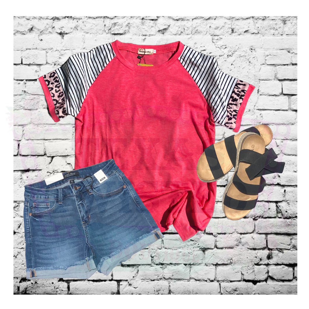 Short Sleeve Coral Top with Stripe and Leopard Sleeve Top
