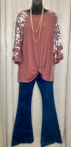 Mauve and Cow Print Top with Ruffle Sleeve