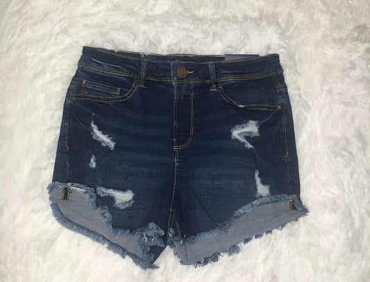 Distressed Mid Rise Medium Blue Denim Shorts