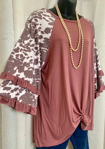 Mauve and Cow Print Top with Ruffle Sleeve