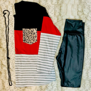 Black Red Stripes Color Block with Leopard Pocket Knit Top