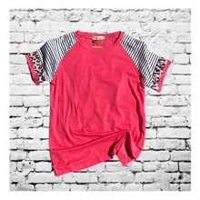 Load image into Gallery viewer, Short Sleeve Coral Top with Stripe and Leopard Sleeve Top
