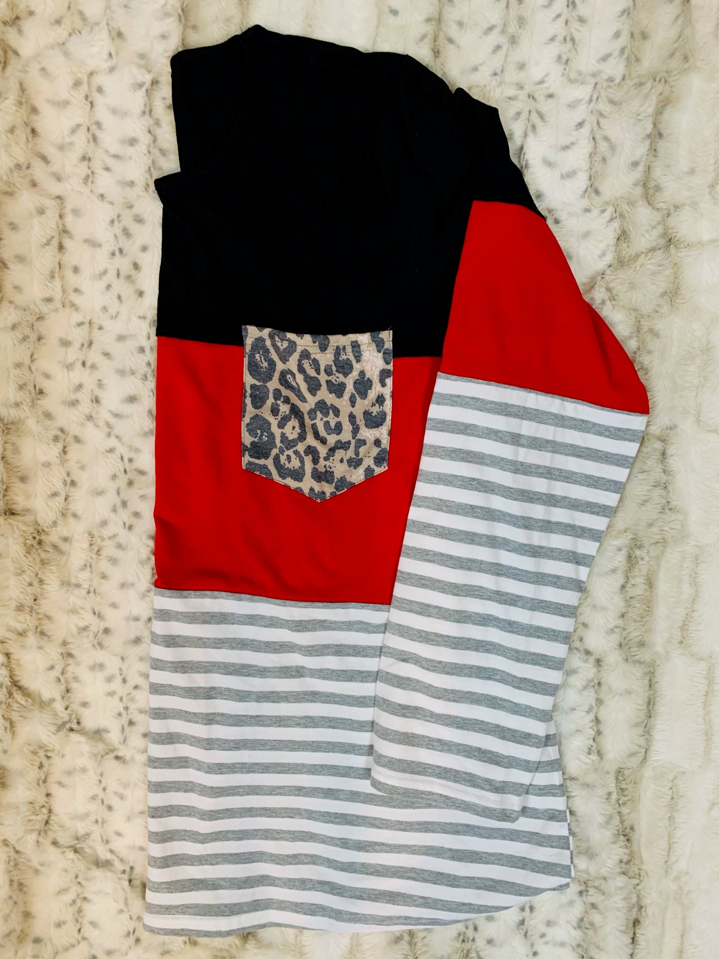 Black Red Stripes Color Block with Leopard Pocket Knit Top