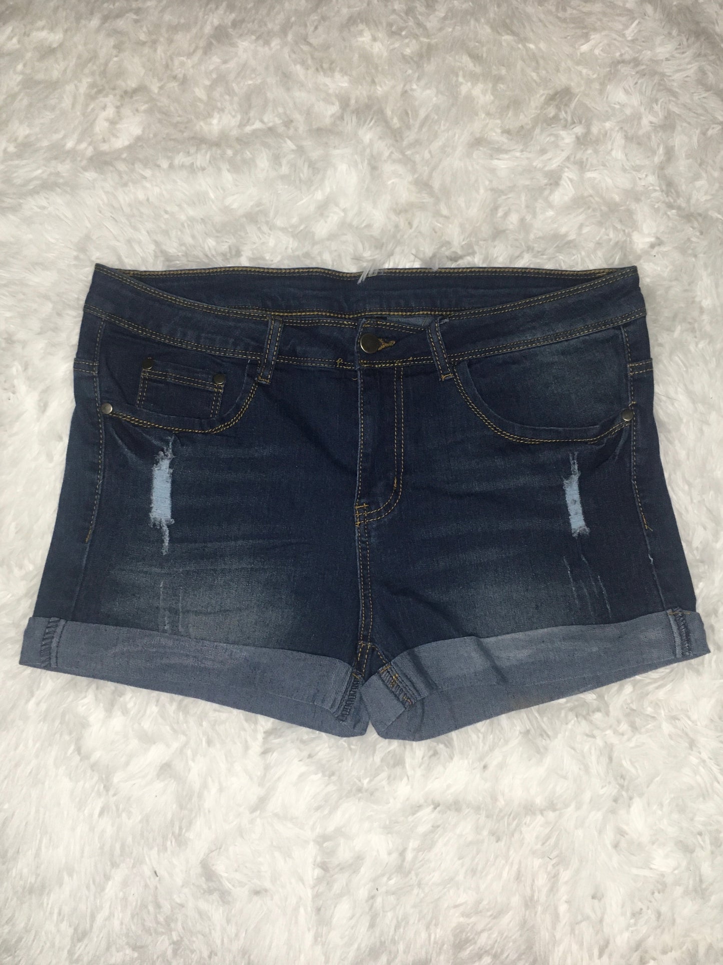 Curvy Distressed Mid Rise Dark Wash Denim Shorts