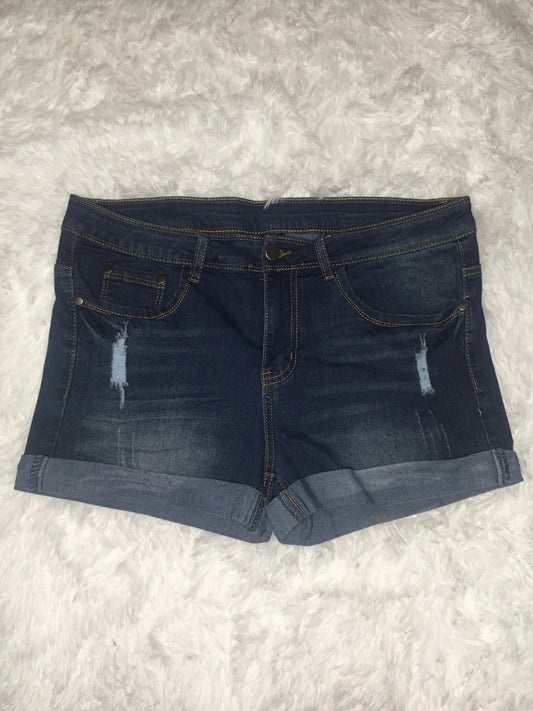 Curvy Distressed Mid Rise Dark Wash Denim Shorts