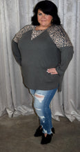 Load image into Gallery viewer, Gray Long Sleeve Top with Leopard Shoulder and Neckline Detail
