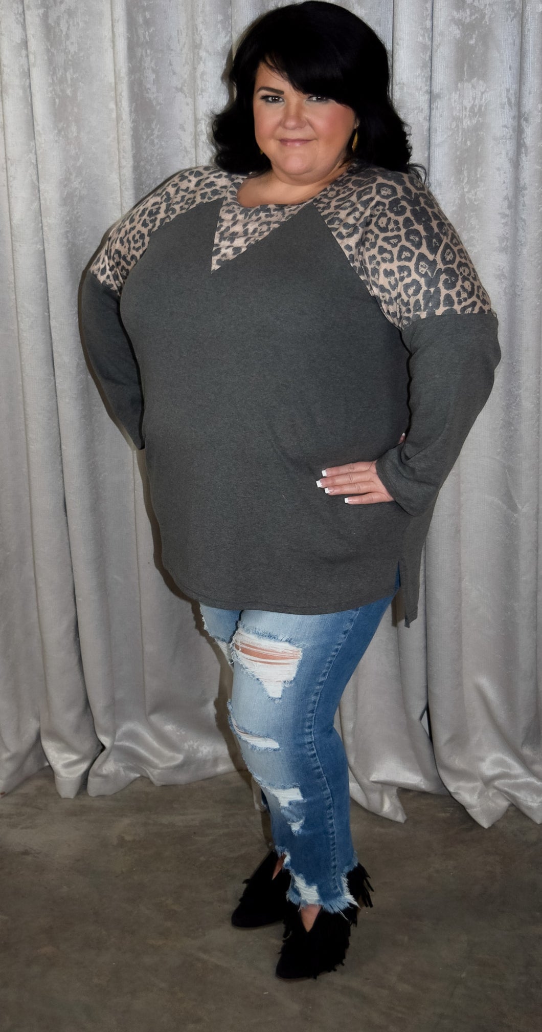 Gray Long Sleeve Top with Leopard Shoulder and Neckline Detail