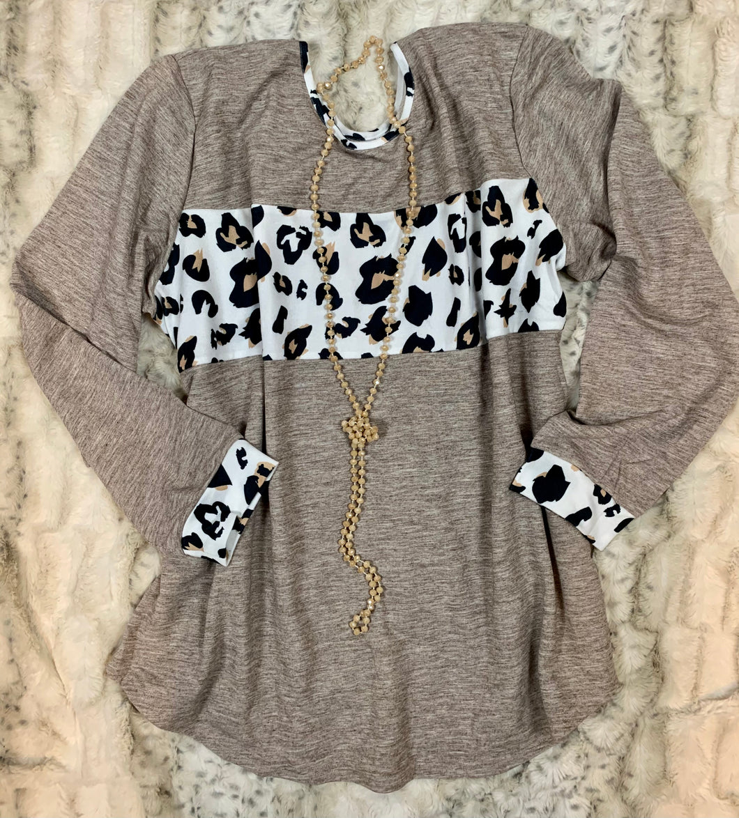 Long Sleeve Knit Top with Leopard Block and Cuffed Sleeves