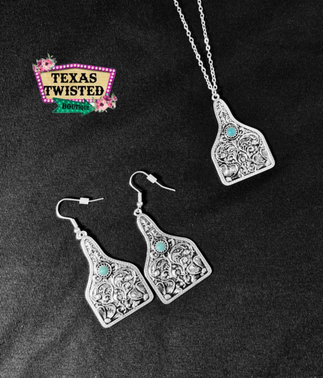 Western Cow Tag Necklace + Earrings Set | Silver with Turquoise