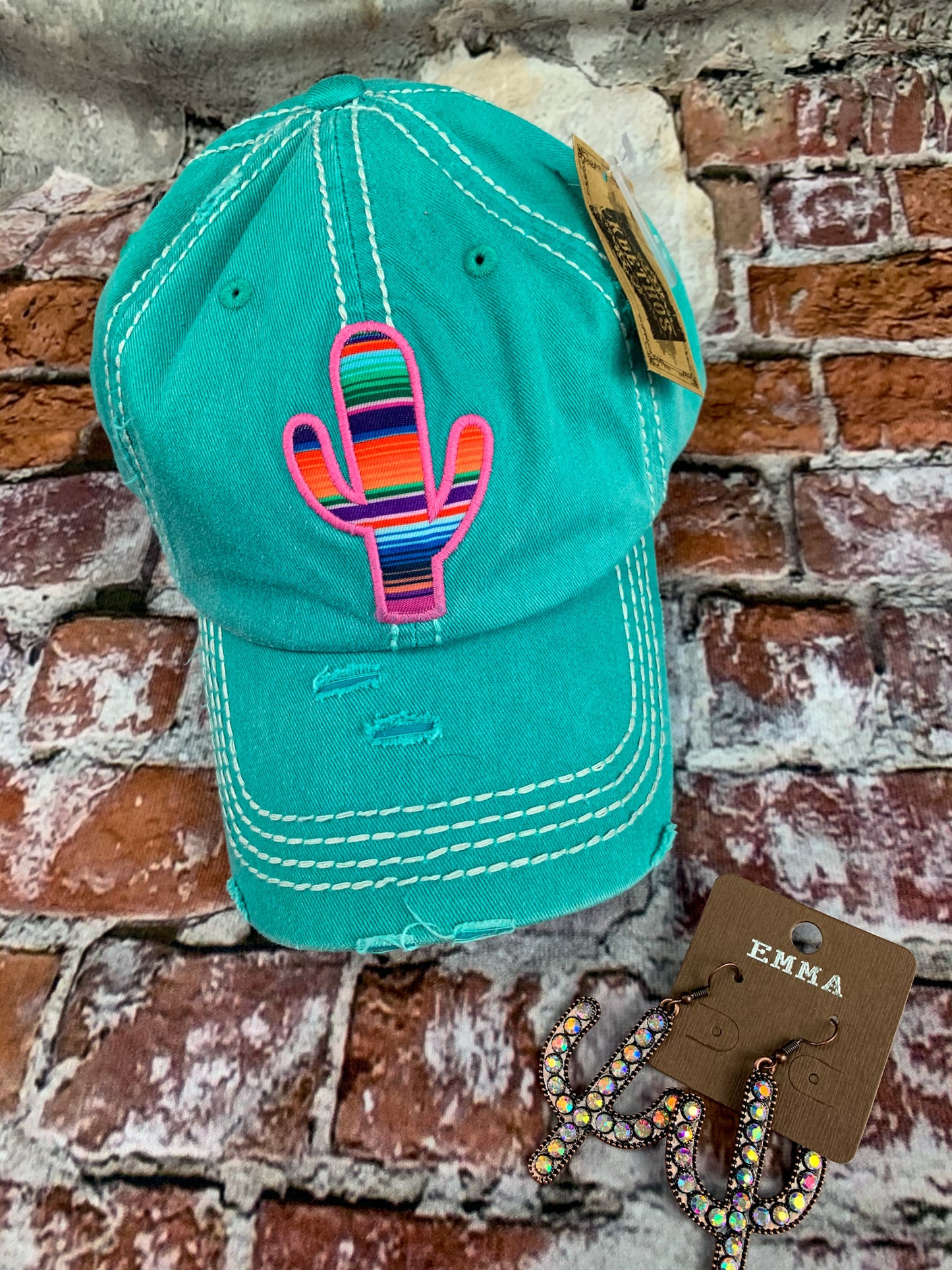 Women’s Serape Cactus Vintage Distressed Embroidered Baseball Cap | Turquoise