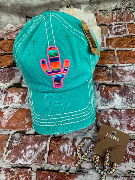 Women’s Serape Cactus Vintage Distressed Embroidered Baseball Cap | Turquoise