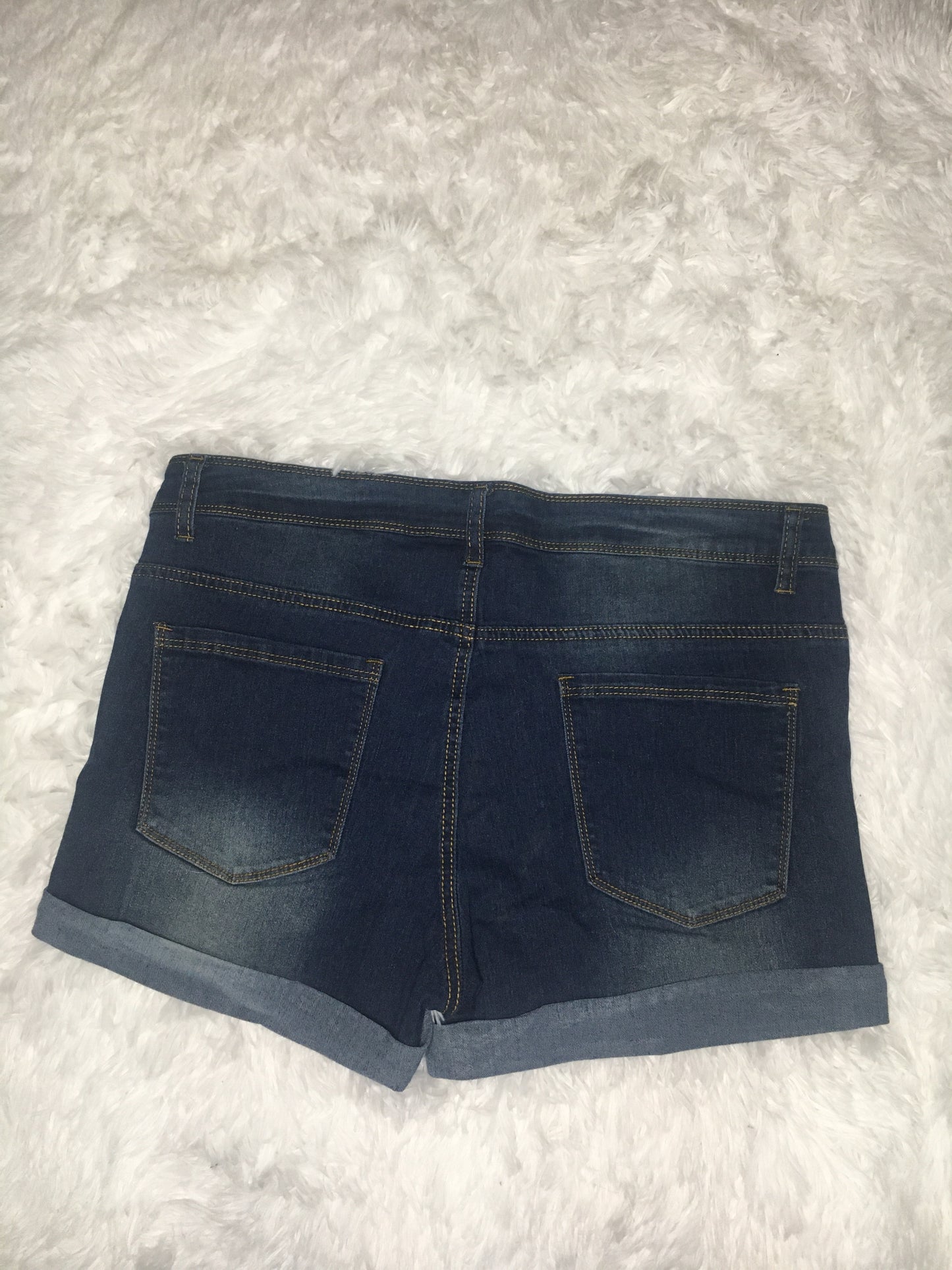 Curvy Distressed Mid Rise Dark Wash Denim Shorts