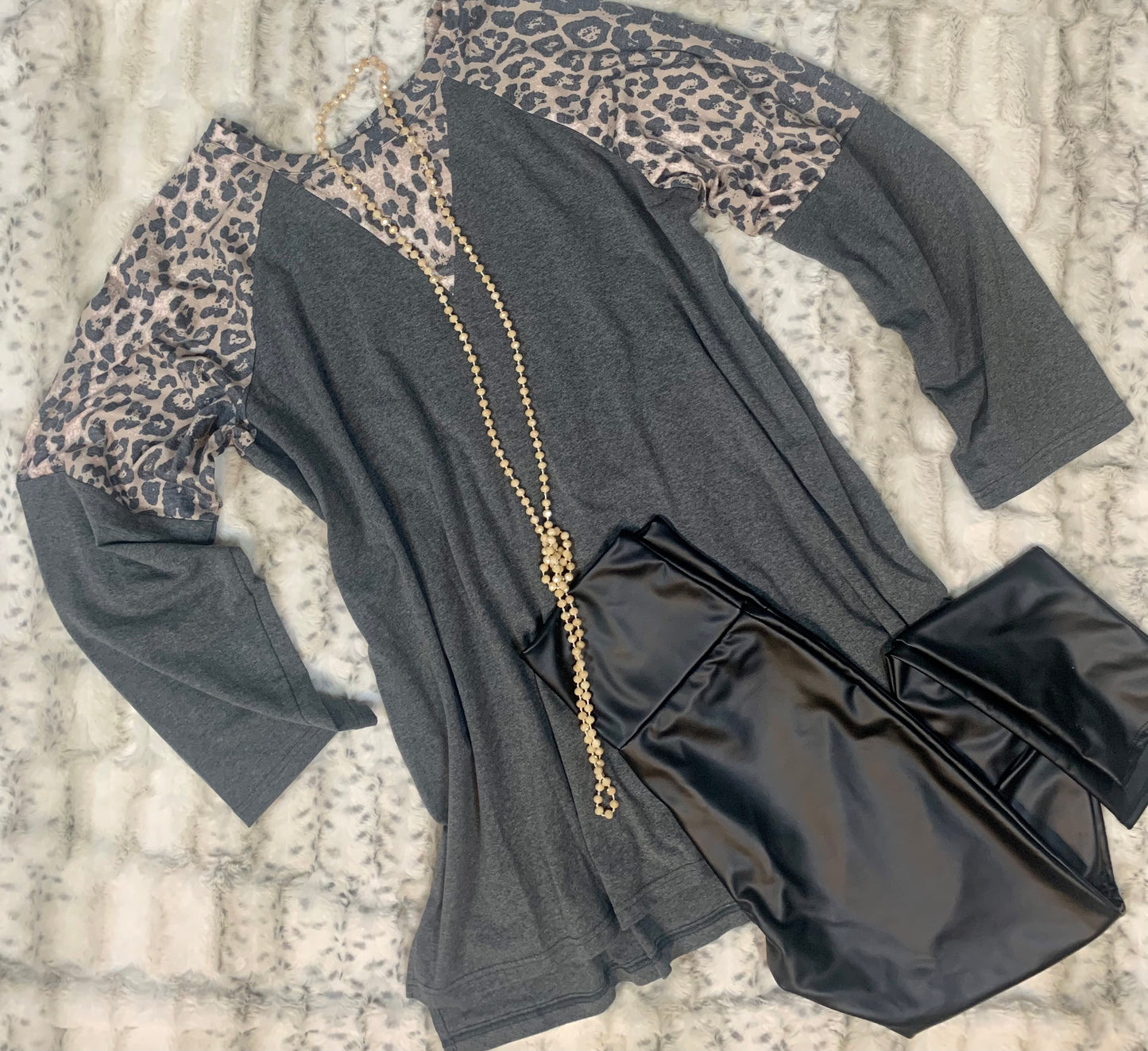 Gray Long Sleeve Top with Leopard Shoulder and Neckline Detail