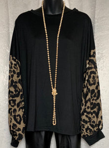 Black and Leopard Cuffed Long Sleeve Top