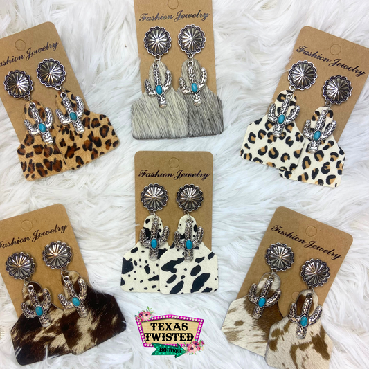 Leather Cowhide Ear Tag Cactus with Turquoise Stone Western Drop Earrings