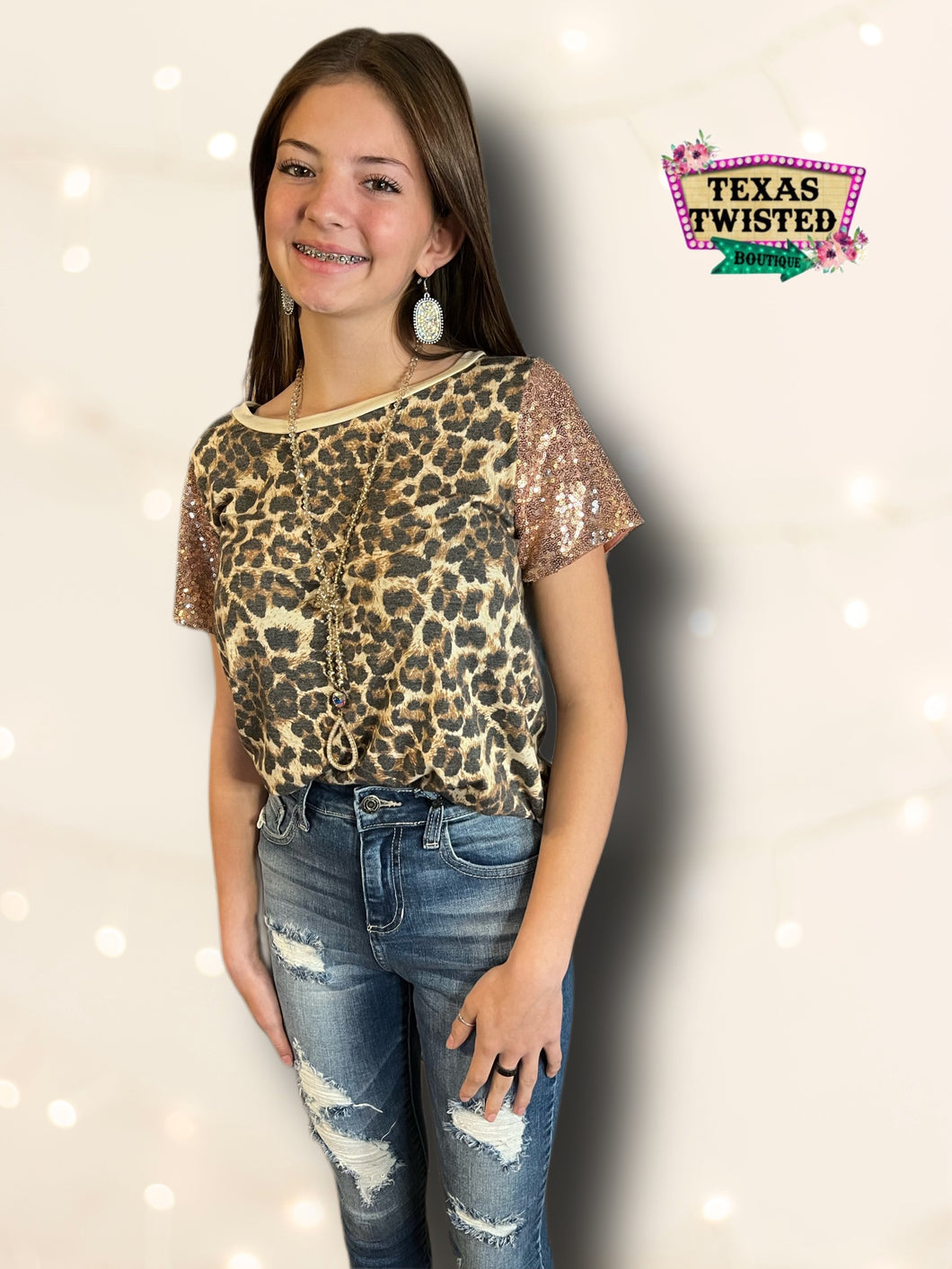 Cute + Casual Leopard Print Knit Top with Rose Gold Short Sleeves
