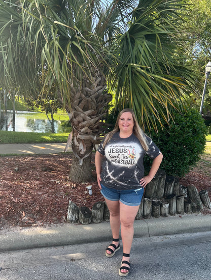 All a girl really needs is JESUS Sweet Tea AND BASEBALL Bleached Graphic Tee